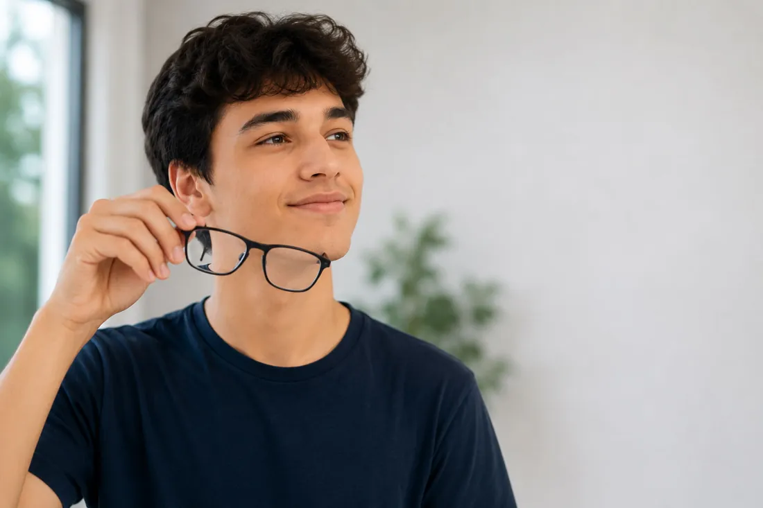 Jovem segurando os óculos — cirurgia oftalmológica a partir dos 23 anos